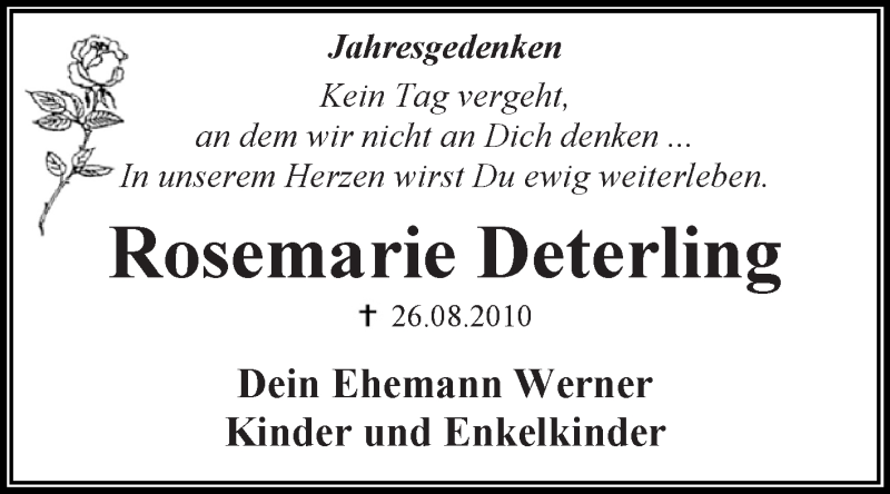  Traueranzeige für Rosemarie Deterling vom 27.08.2016 aus WVG - Wochenspiegel Dessau / Köthen