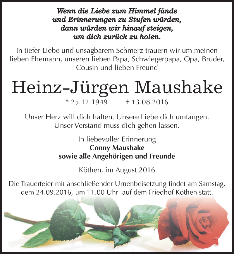  Traueranzeige für Heinz-Jürgen Maushake vom 26.08.2016 aus Mitteldeutsche Zeitung Köthen