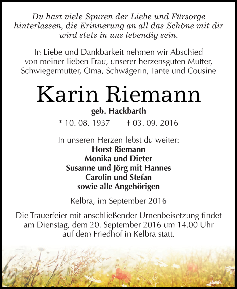  Traueranzeige für Karin Riemann vom 17.09.2016 aus Super Sonntag SGH Mansf. Land