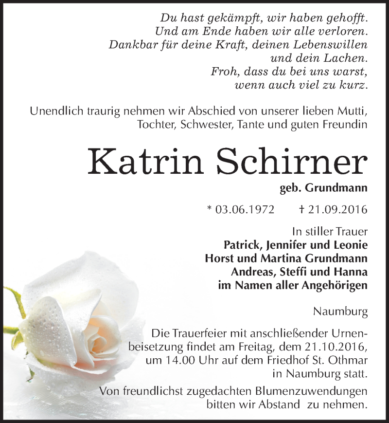  Traueranzeige für Katrin Schirner vom 24.09.2016 aus Mitteldeutsche Zeitung Naumburg/Nebra