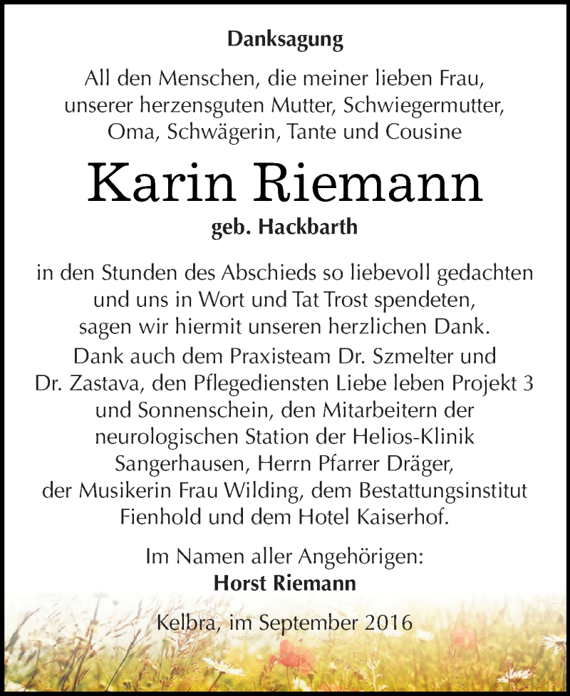  Traueranzeige für Karin Riemann vom 01.10.2016 aus Super Sonntag SGH Mansf. Land