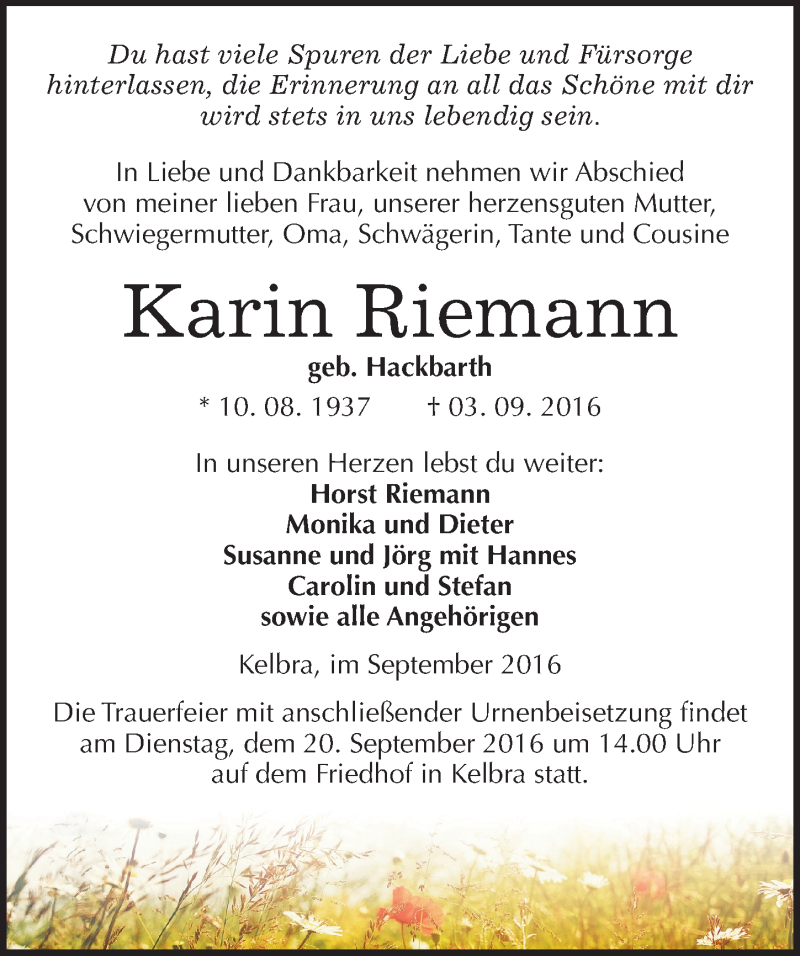  Traueranzeige für Karin Riemann vom 15.09.2016 aus Mitteldeutsche Zeitung Sangerhausen