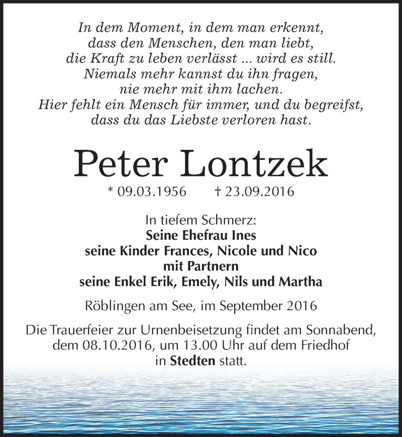  Traueranzeige für Peter Lontzek vom 27.09.2016 aus Mitteldeutsche Zeitung Mansfelder Land