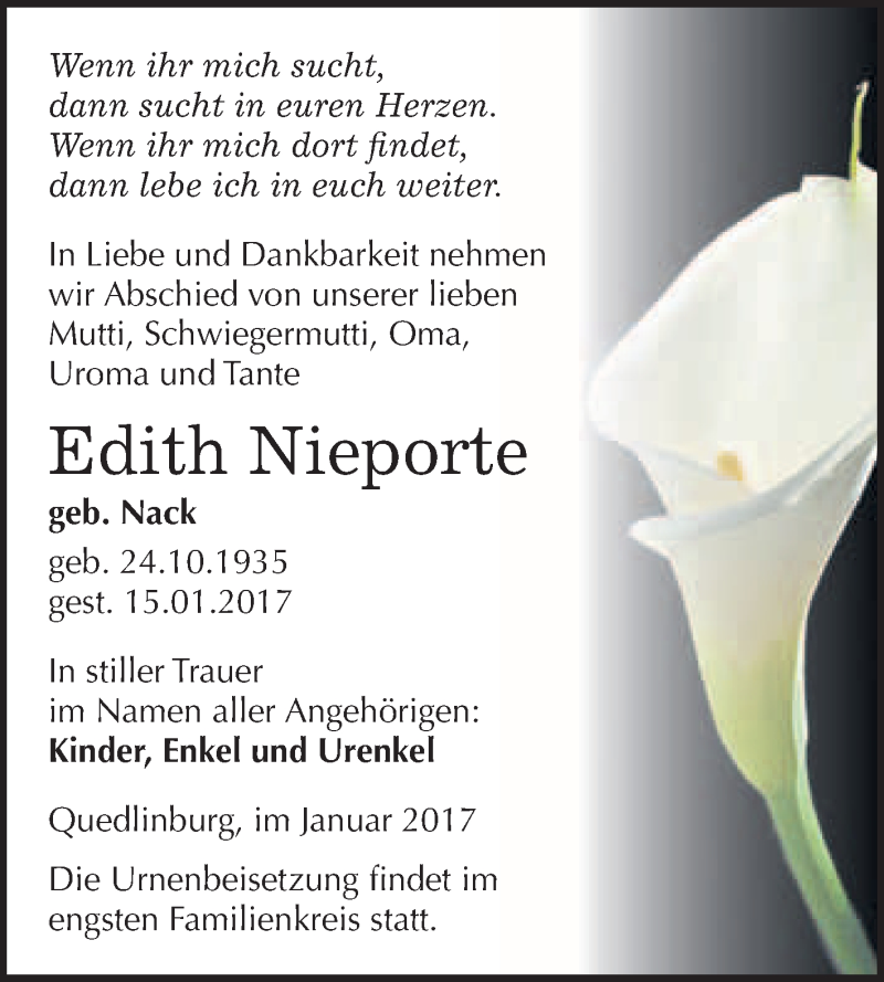  Traueranzeige für Edith Nieporte vom 21.01.2017 aus WVG - Wochenspiegel Quedlinburg