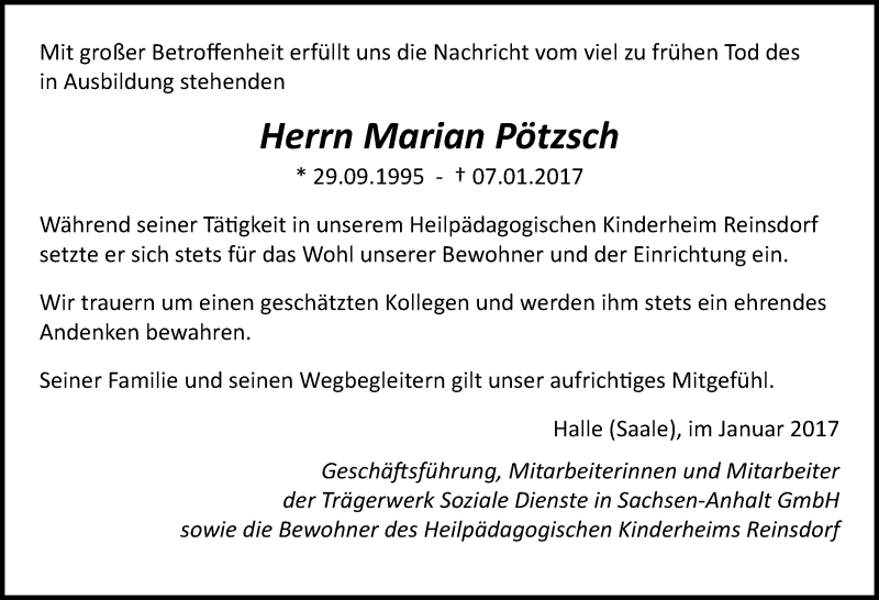  Traueranzeige für Marian Pötzsch vom 14.01.2017 aus Mitteldeutsche Zeitung Bitterfeld