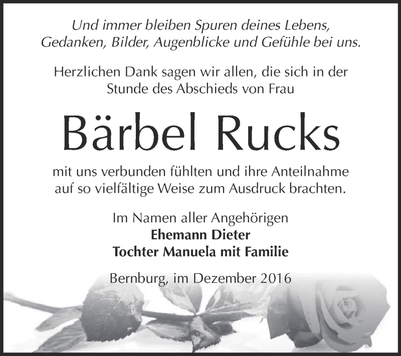  Traueranzeige für Bärbel Rucks vom 07.01.2017 aus Super Sonntag Bernburg