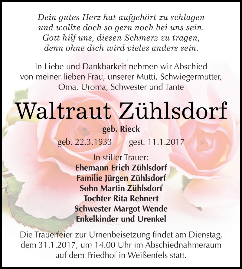  Traueranzeige für Waltraut Zühlsdorf vom 25.01.2017 aus WVG - Wochenspiegel NMB / WSF / ZTZ