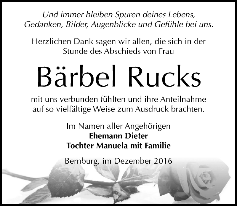  Traueranzeige für Bärbel Rucks vom 07.01.2017 aus Mitteldeutsche Zeitung Bernburg
