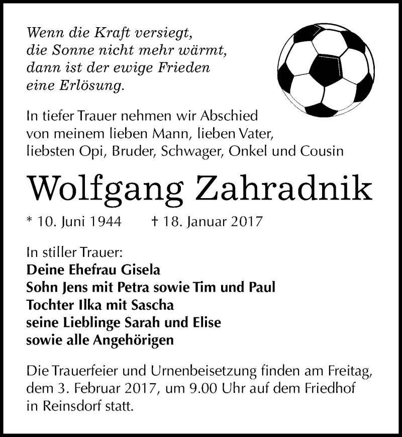  Traueranzeige für Wolfgang Zahradnik vom 21.01.2017 aus Mitteldeutsche Zeitung Köthen