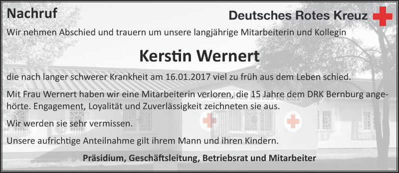  Traueranzeige für Kerstin Wernert vom 21.01.2017 aus Super Sonntag Bernburg