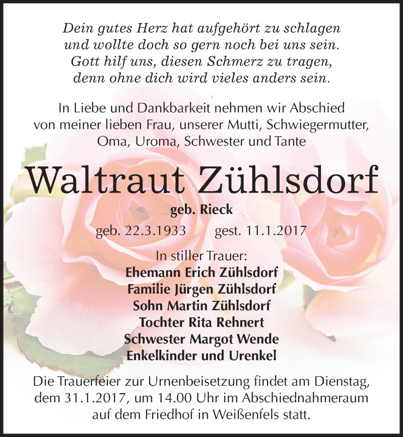  Traueranzeige für Waltraut Zühlsdorf vom 21.01.2017 aus Mitteldeutsche Zeitung Weißenfels