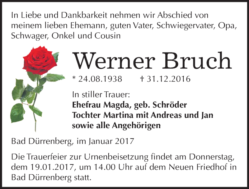  Traueranzeige für Werner Bruch vom 07.01.2017 aus Mitteldeutsche Zeitung Merseburg/Querfurt