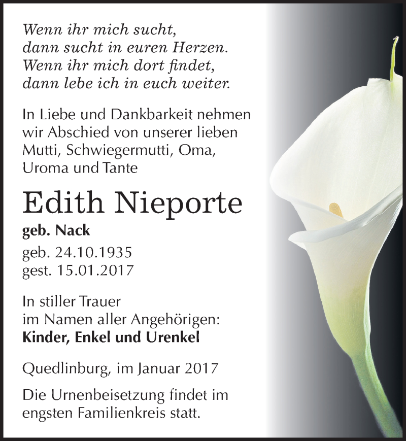  Traueranzeige für Edith Nieporte vom 21.01.2017 aus Mitteldeutsche Zeitung Quedlinburg