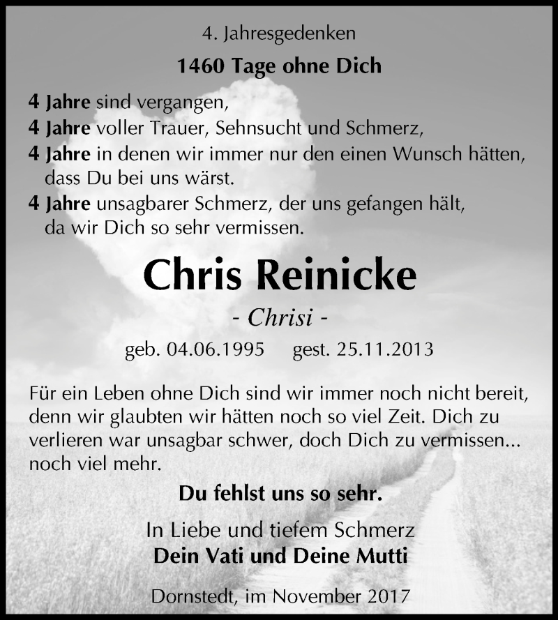  Traueranzeige für Chris Reinicke vom 25.11.2017 aus Mitteldeutsche Zeitung Halle/Saalkreis