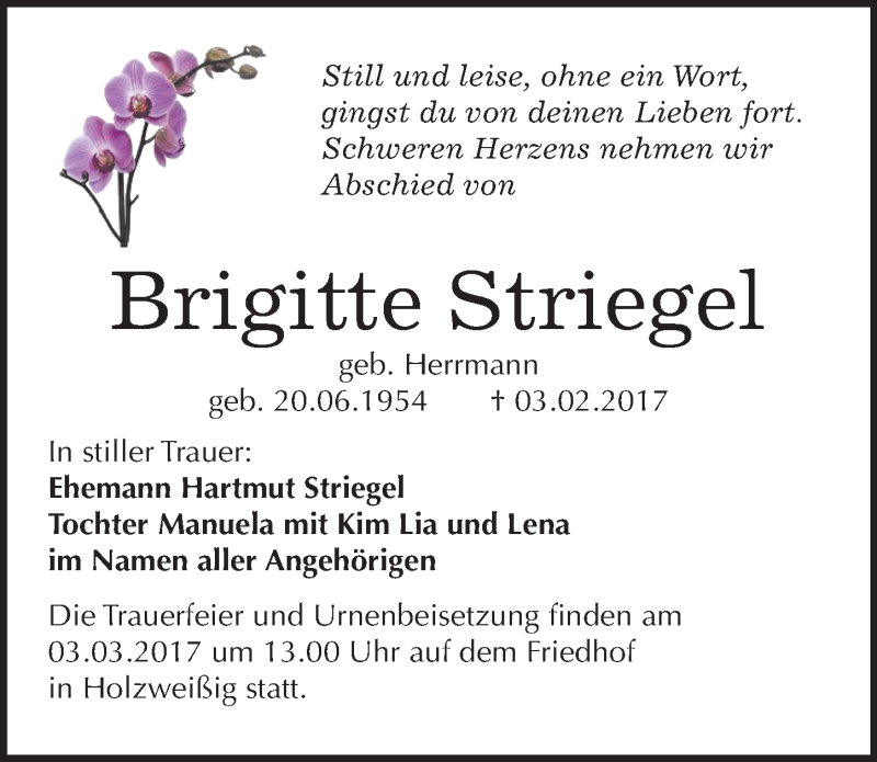  Traueranzeige für Brigitte Striegel vom 18.02.2017 aus Mitteldeutsche Zeitung Bitterfeld