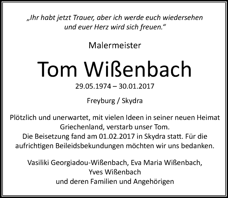  Traueranzeige für Tom Wißenbach vom 18.02.2017 aus Mitteldeutsche Zeitung Naumburg/Nebra