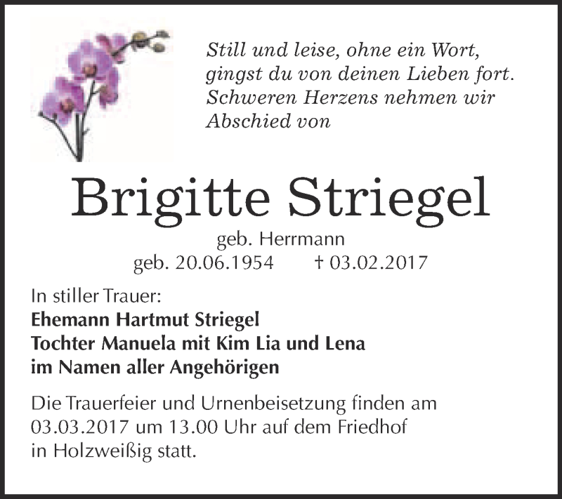  Traueranzeige für Brigitte Striegel vom 22.02.2017 aus WVG - Wochenspiegel Bitterfeld