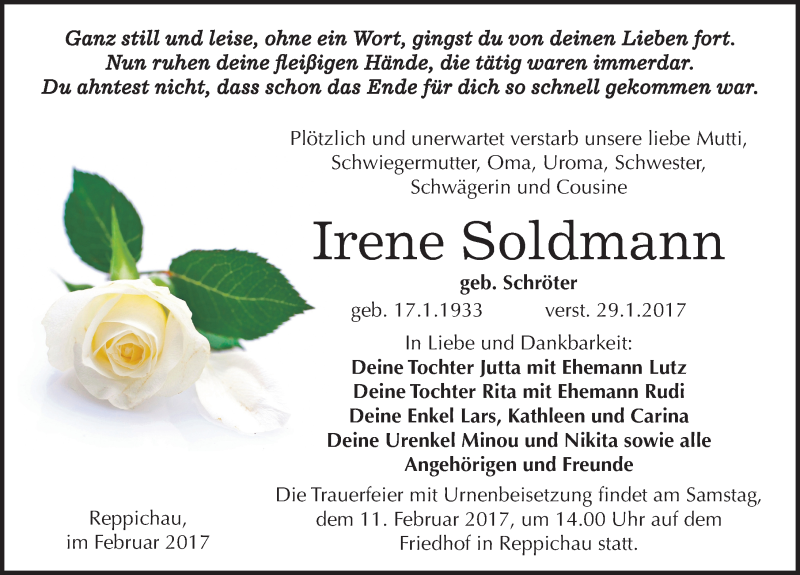  Traueranzeige für Irene Soldmann vom 04.02.2017 aus Mitteldeutsche Zeitung Köthen