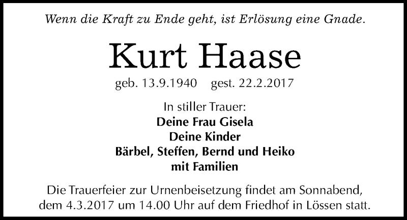  Traueranzeige für Kurt Haase vom 25.02.2017 aus Mitteldeutsche Zeitung Merseburg/Querfurt