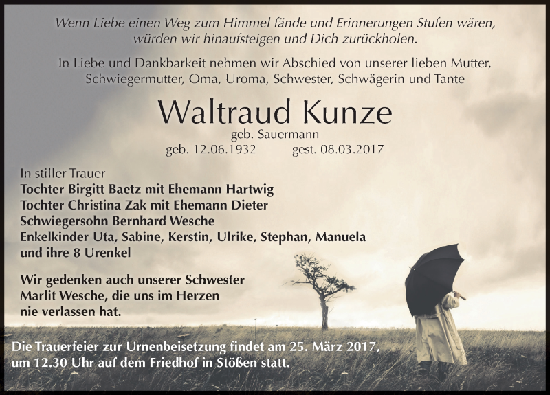  Traueranzeige für Waltraud Kunze vom 18.03.2017 aus Mitteldeutsche Zeitung Weißenfels