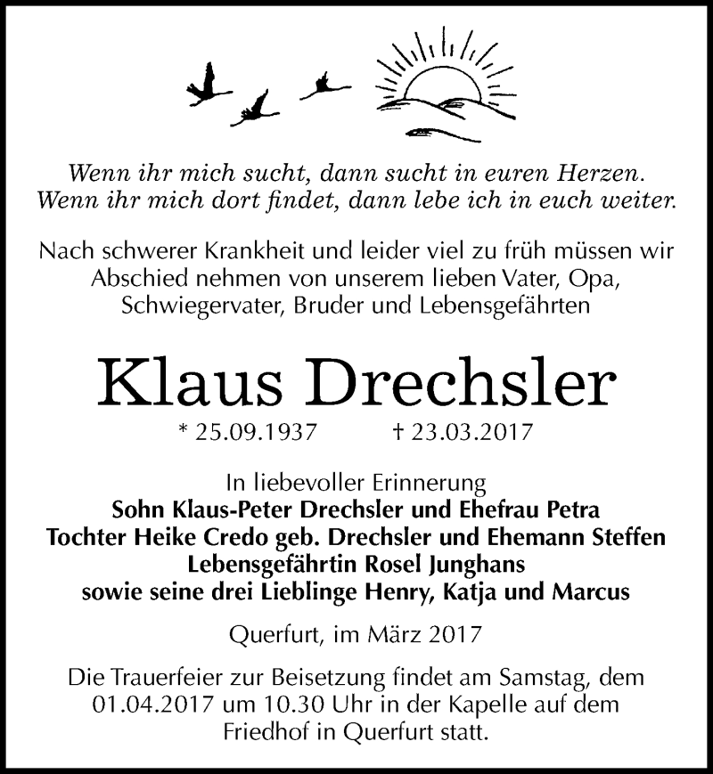  Traueranzeige für Klaus Drechsler vom 25.03.2017 aus Mitteldeutsche Zeitung Merseburg/Querfurt