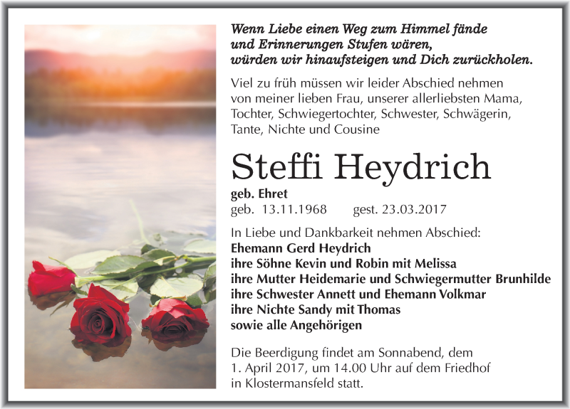  Traueranzeige für Steffi Heydrich vom 28.03.2017 aus Mitteldeutsche Zeitung Mansfelder Land