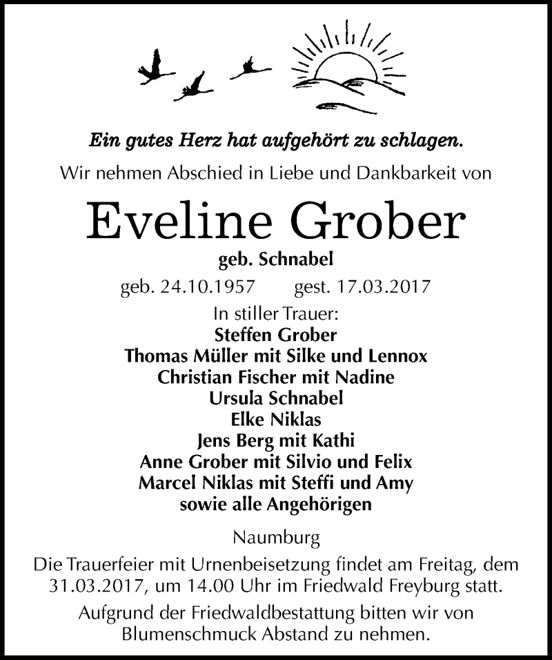  Traueranzeige für Eveline Grober vom 24.03.2017 aus Mitteldeutsche Zeitung