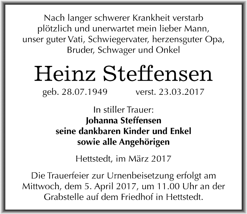  Traueranzeige für Heinz Steffensen vom 29.03.2017 aus Mitteldeutsche Zeitung Mansfelder Land