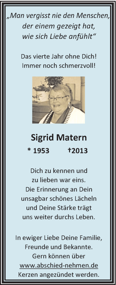 Traueranzeige für Sigrid Matern vom 25.03.2017 aus Mitteldeutsche Zeitung Halle/Saalkreis