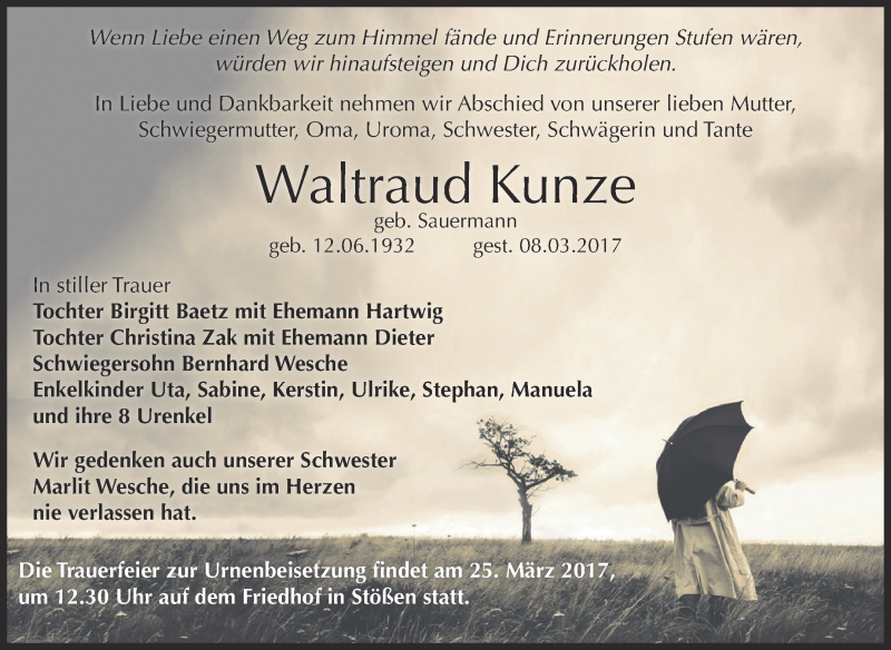 Traueranzeige für Waltraud Kunze vom 22.03.2017 aus WVG - Wochenspiegel NMB / WSF / ZTZ
