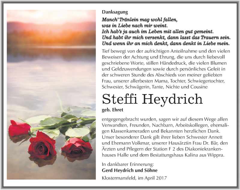  Traueranzeige für Steffi Heydrich vom 08.04.2017 aus Mitteldeutsche Zeitung Mansfelder Land