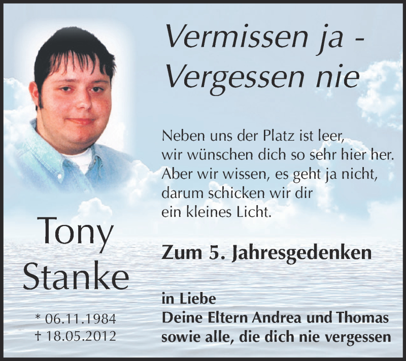  Traueranzeige für Tony Stanke vom 20.05.2017 aus Super Sonntag Zeitz