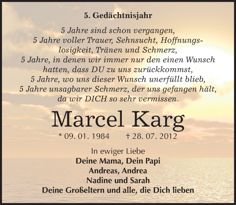  Traueranzeige für Marcel Karg vom 28.07.2017 aus Mitteldeutsche Zeitung Halle/Saalkreis