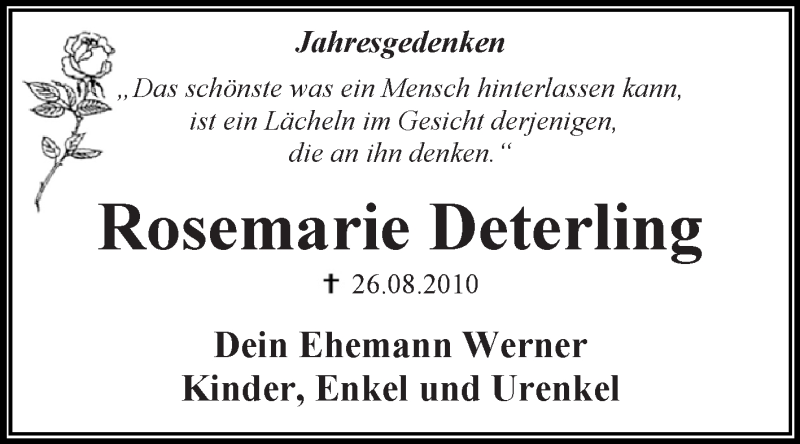  Traueranzeige für Rosemarie Deterling vom 26.08.2017 aus WVG - Wochenspiegel Dessau / Köthen