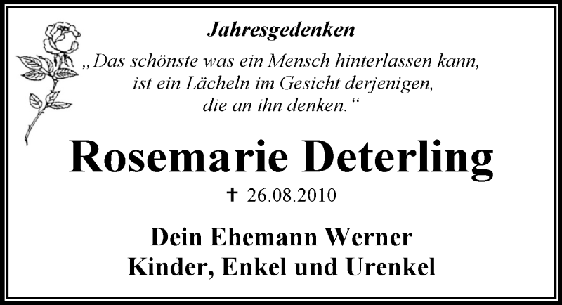  Traueranzeige für Rosemarie Deterling vom 26.08.2017 aus Mitteldeutsche Zeitung Dessau-Roßlau