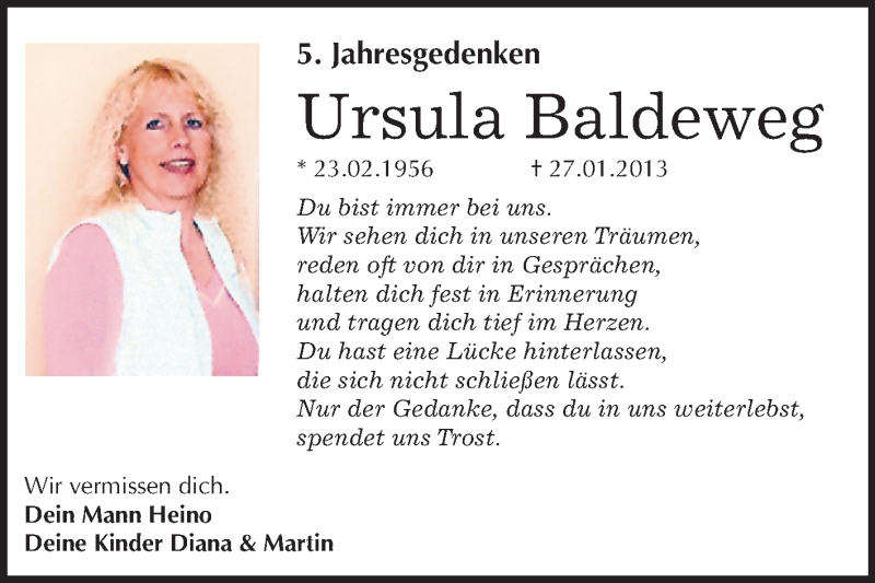  Traueranzeige für Ursula Baldeweg vom 27.01.2018 aus Mitteldeutsche Zeitung Halle/Saalkreis