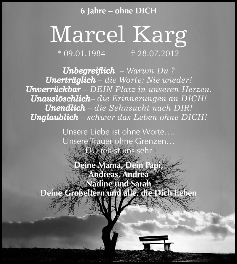  Traueranzeige für Marcel Karg vom 28.07.2018 aus Mitteldeutsche Zeitung Halle/Saalkreis