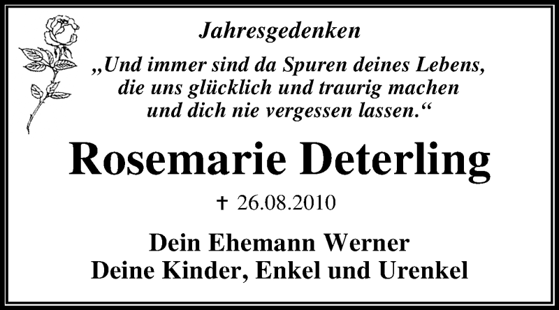  Traueranzeige für Rosemarie Deterling vom 25.08.2018 aus Mitteldeutsche Zeitung Dessau-Roßlau