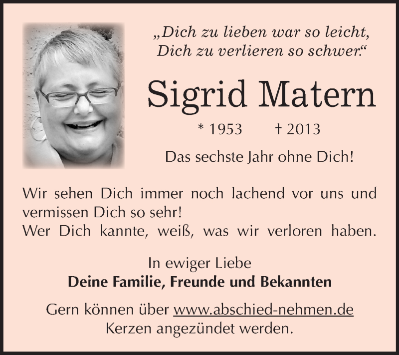  Traueranzeige für Sigrid Matern vom 26.03.2019 aus Mitteldeutsche Zeitung Halle/Saalkreis