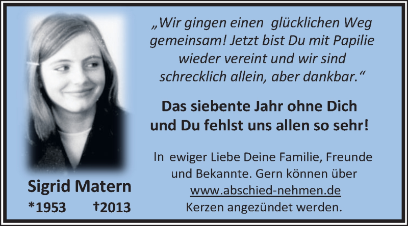  Traueranzeige für Sigrid Matern vom 26.03.2020 aus Mitteldeutsche Zeitung Halle/Saalkreis