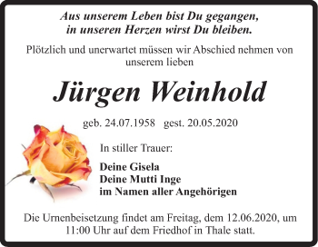 Traueranzeige von Jürgen Weinhold von Mitteldeutsche Zeitung Quedlinburg