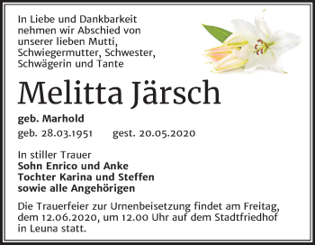 Traueranzeige von Melitta Järsch von Mitteldeutsche Zeitung Merseburg/Querfurt
