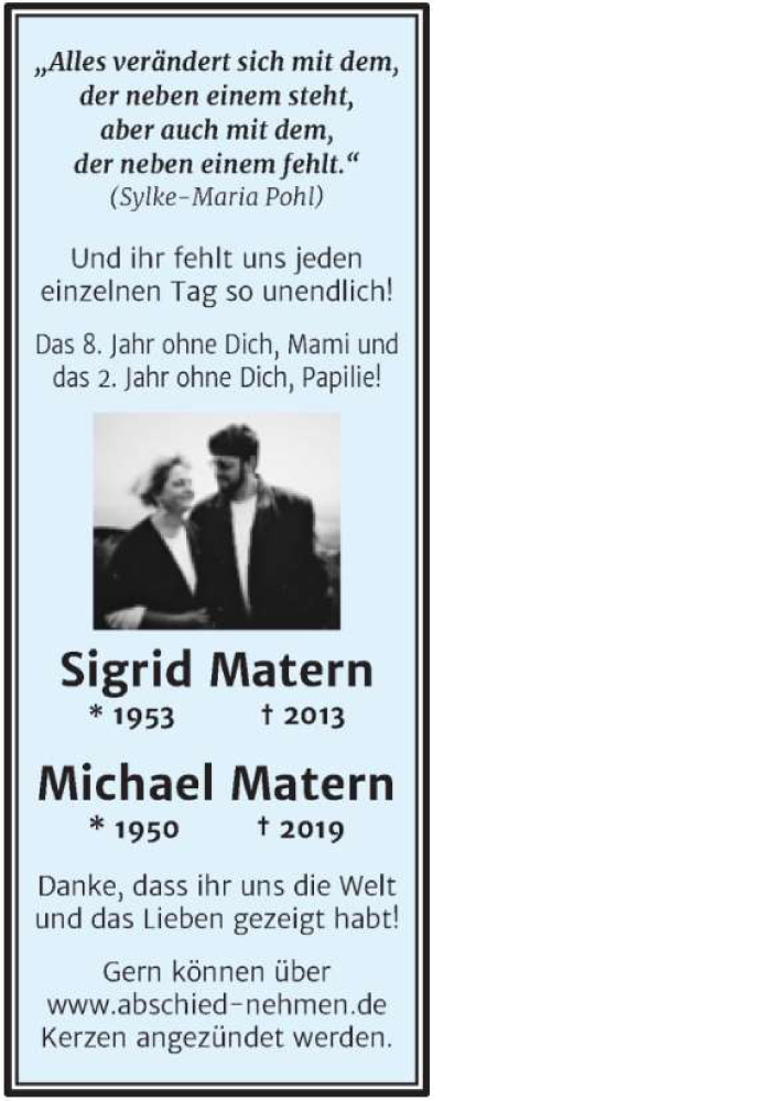  Traueranzeige für Sigrid Matern vom 17.06.2021 aus Mitteldeutsche Zeitung Halle