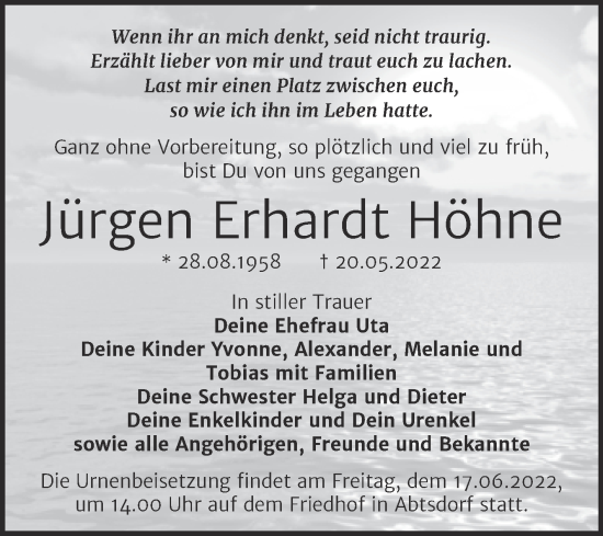 Traueranzeige von Jürgen Erhardt Höhne von Trauerkombi Wittenberg