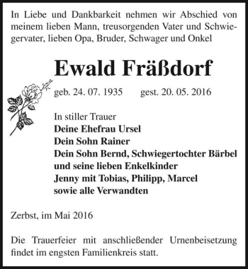 Traueranzeige von Ewald Fräßdorf  von Magdeburger Volksstimme