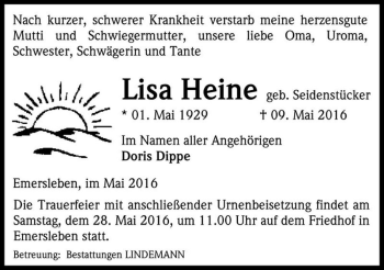 Traueranzeige von Lisa Heine (geb. Seidenstücker)  von Magdeburger Volksstimme