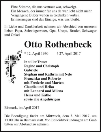 Traueranzeige von Otto Rothenbeck  von Magdeburger Volksstimme