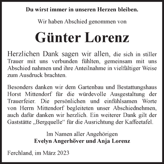 Traueranzeige von Günter Lorenz von Volksstimme Burg/Genthin
