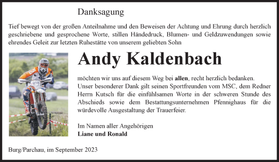 Traueranzeige von Andy Kaldenbach von Volksstimme Burg/Genthin