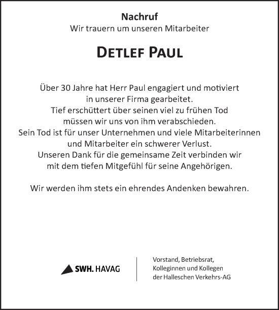 Traueranzeige von Detlef Paul von Mitteldeutsche Zeitung Halle/Saalkreis
